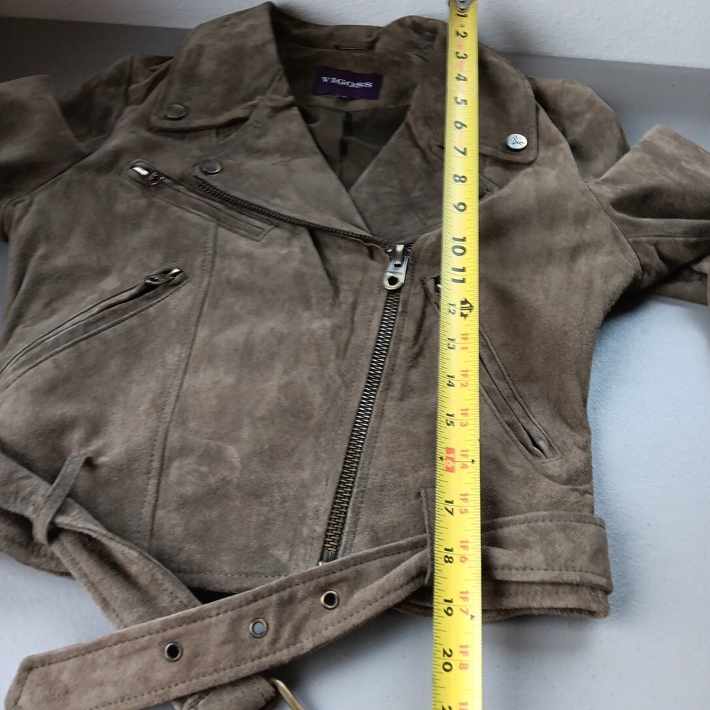 Suede Jacket Womens SMALL Moto Beige Taupe Rock Y2K‎ Leather Khaki Grunge Biker - Picture 13 of 14